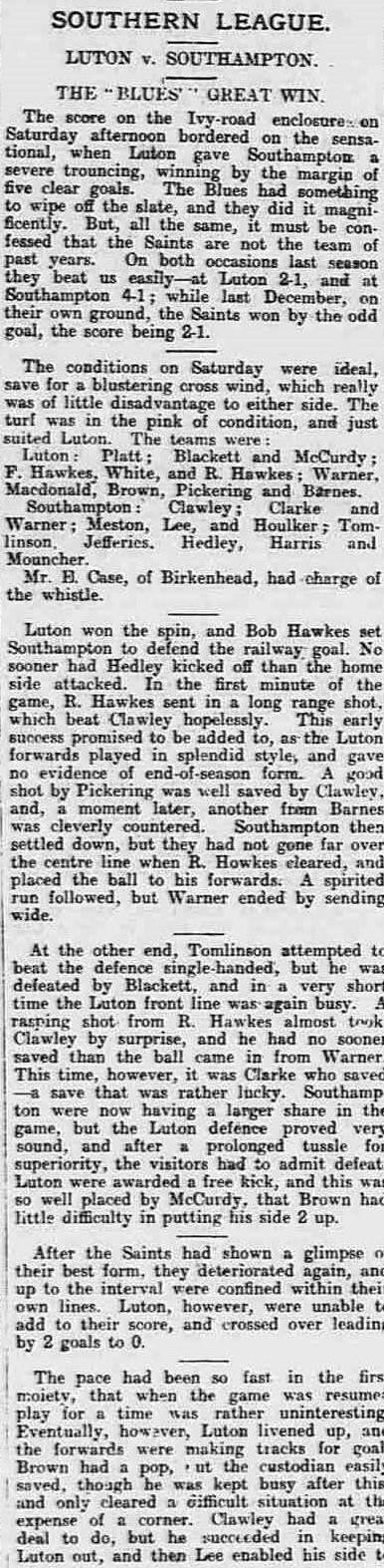 Match report: Luton Town vs Southampton 1905/1906