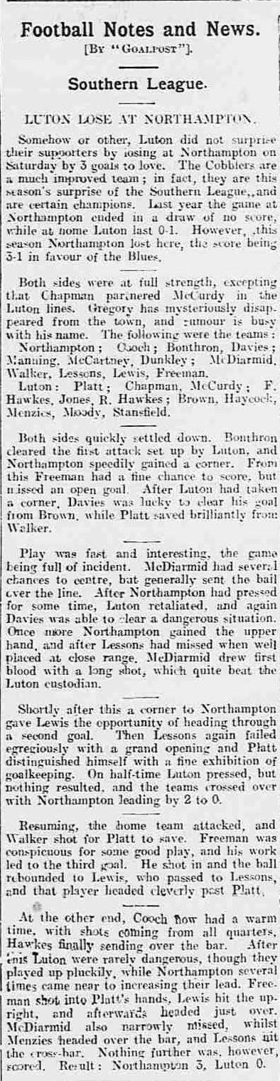 Match report: Northampton Town vs Luton Town 1908/1909