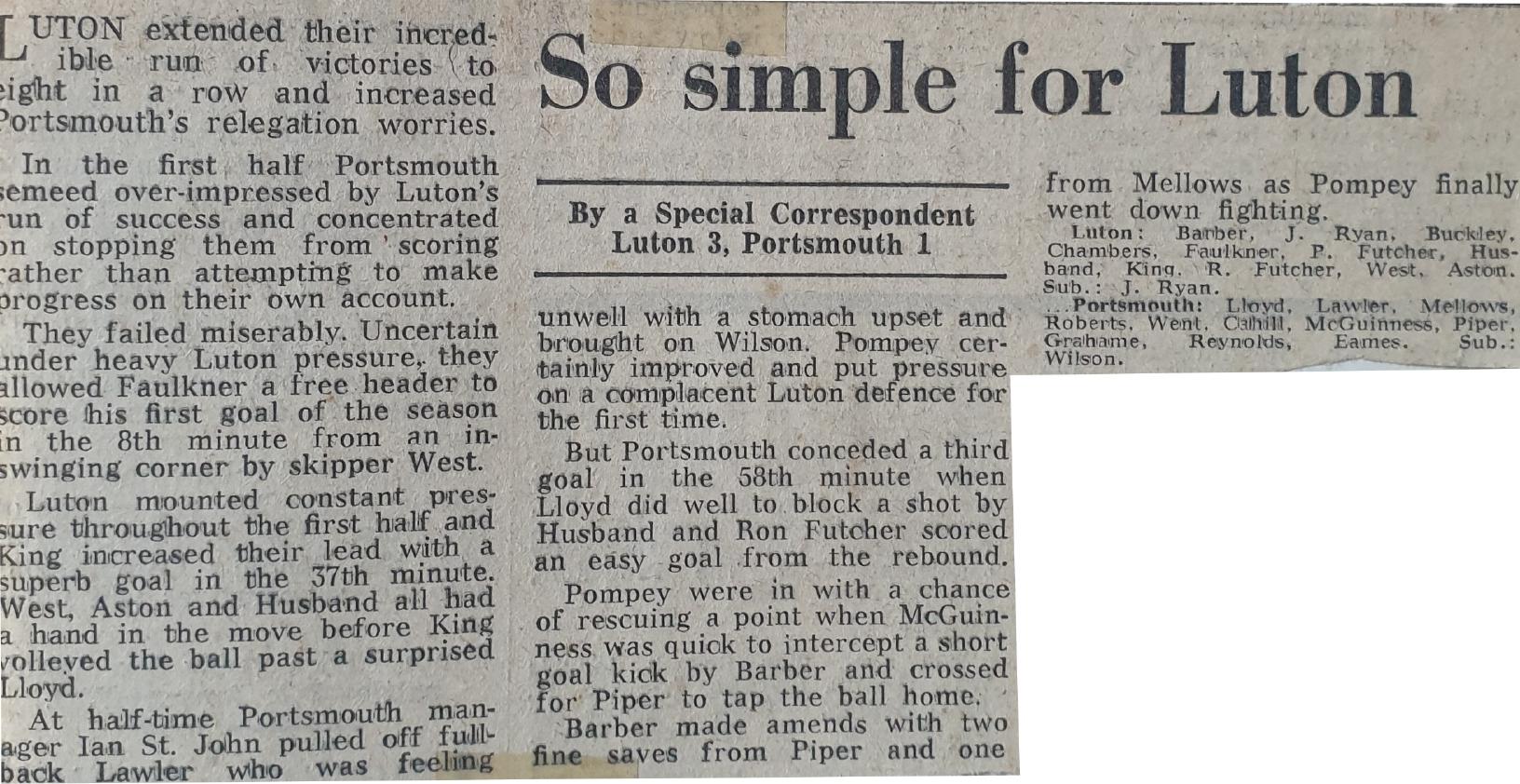 Match report: Luton Town vs Portsmouth 1975/1976