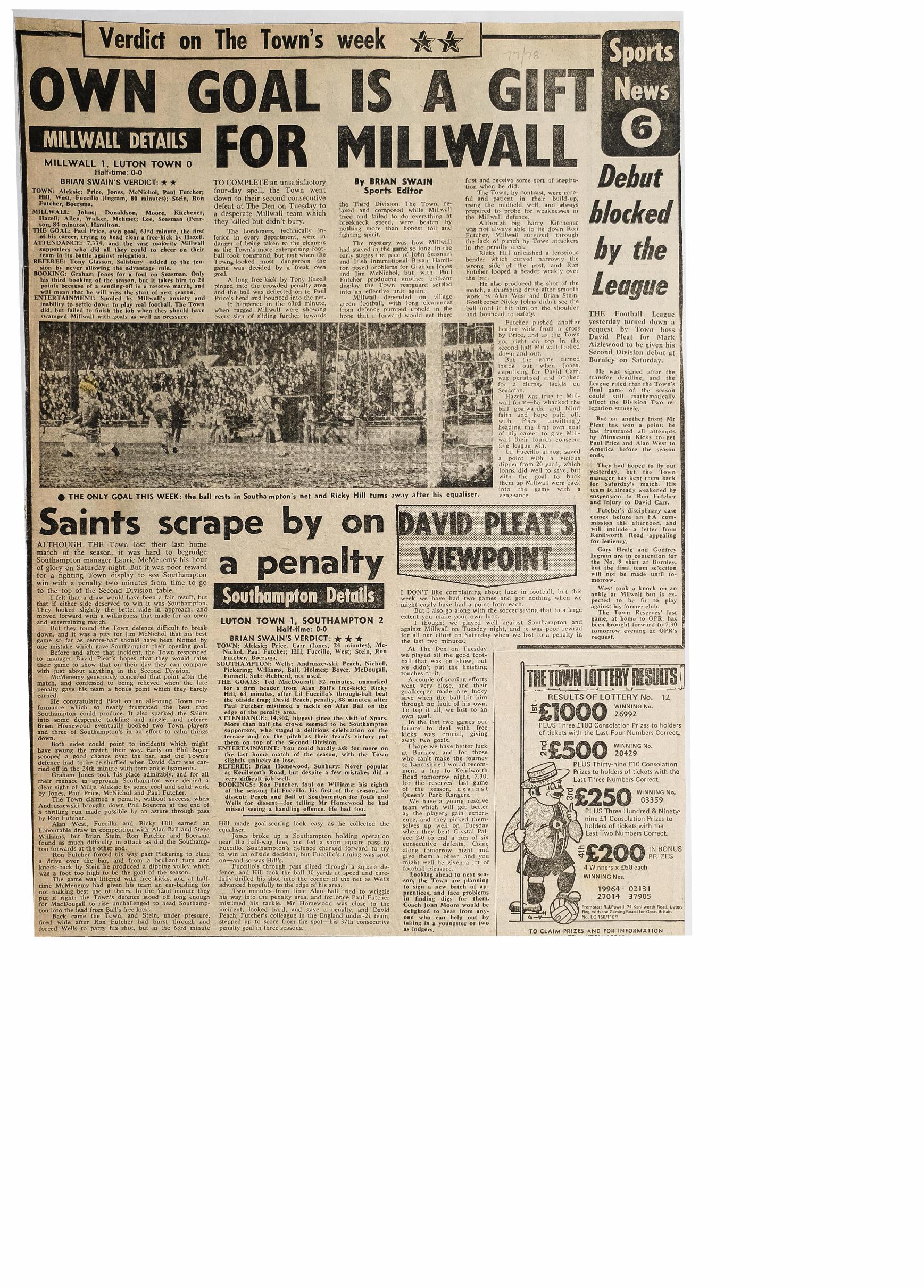 Match report: Luton Town vs Southampton 1977/1978