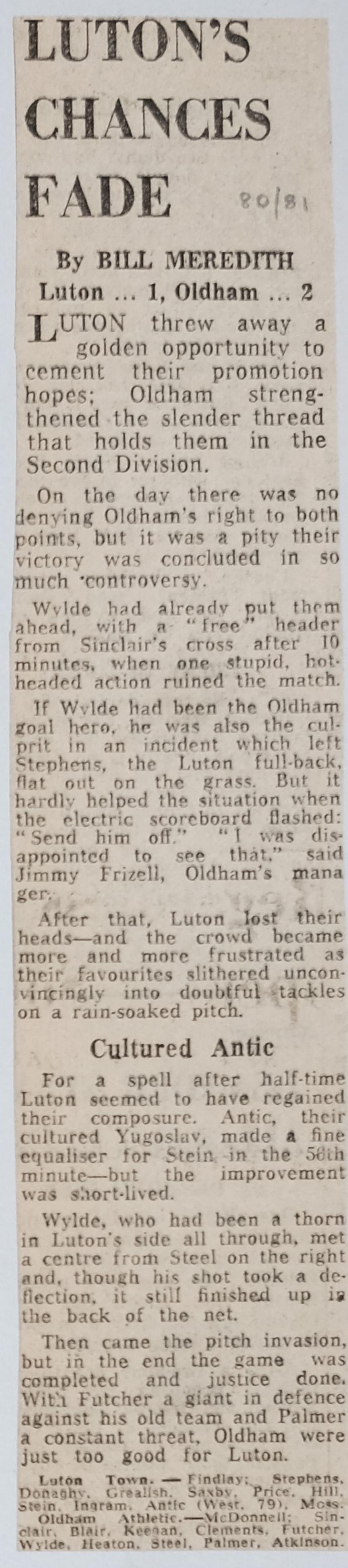 Match report: Luton Town vs Oldham Athletic 1980/1981